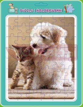 Puzzle w ramce z kolorowanką. Piesek z kotkiem