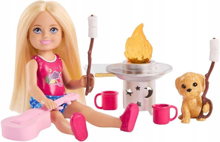 LALKA BARBIE CHELSEA Biwakowa przygoda, zestaw z pieskiem + akcesoria JJV61