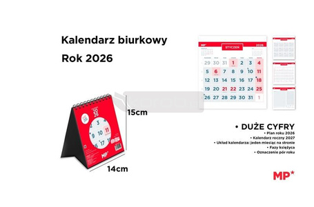 Kalendarz 2026 biurkowy 14x15cm czerwony