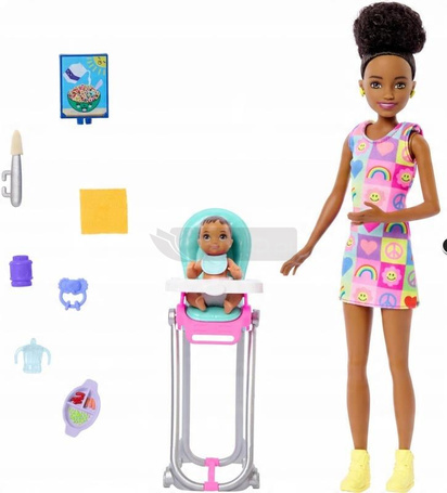 LALKA BARBIE SKIPPER OPIEKUNKA + KRZESEŁKO DO KARMIENIA z bobasem HTK34