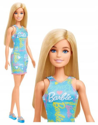 KLASYCZNA LALKA BARBIE blondynka w niebieskiej sukience HGM59