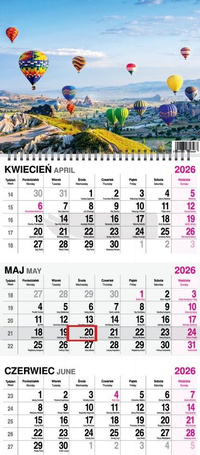 Kalendarz 2026 trójdzielny na spirali Balony