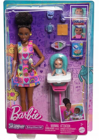 LALKA BARBIE SKIPPER OPIEKUNKA + KRZESEŁKO DO KARMIENIA z bobasem HTK34