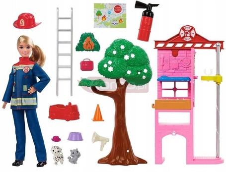 LALKA BARBIE STRAŻACZKA zestaw do zabawy z remizą strażacką i pieskiem HRG55