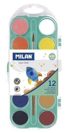 Farby akwarelowe 12 kolory 30mm z pędzelkiem MILAN