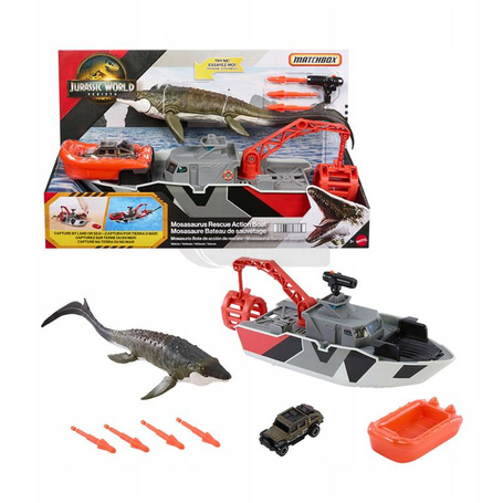 JURASSIC WORLD ODRODZENIE DINOZAUR Mozazaur i łódź ratunkowa JGG61