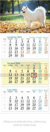 Kalendarz 2026 ścienny trójdzielny Pies