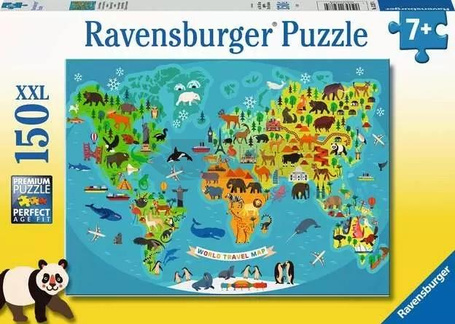 Puzzle 150 Mapa świata dzikich zwierząt XXL