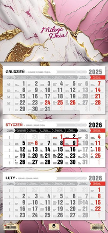 Kalendarz 2026 trójdzielny płaska główka glamour