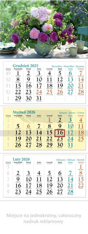 Kalendarz 2026 ścienny trójdzielny Kwiaty