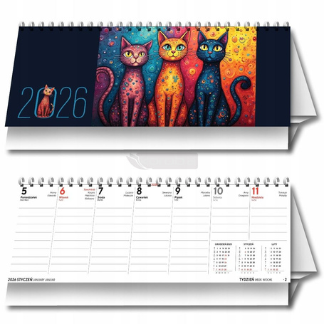Kalendarz 2026 biurkowy tygodniowy poziomy koty
