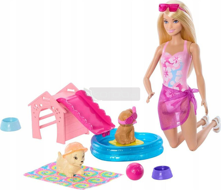 LALKA BARBIE PIESKI NA BASENIE zestaw z lalką Barbie i pieskami JBF35