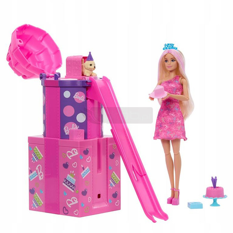 LALKA BARBIE PARTY UNBOXED Urodzinowa niespodzianka ze zjeżdżalnią JKF66