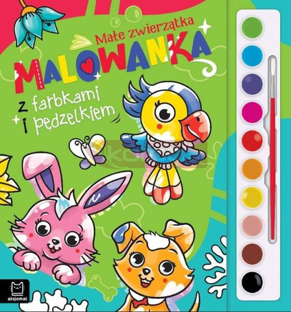 Malowanka z farbkami i pędzelkiem. Małe zwierzątka