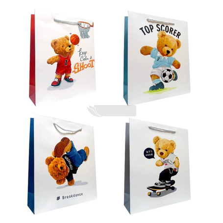 Torebka prezentowa dziecięca L Miś sportowiec mix