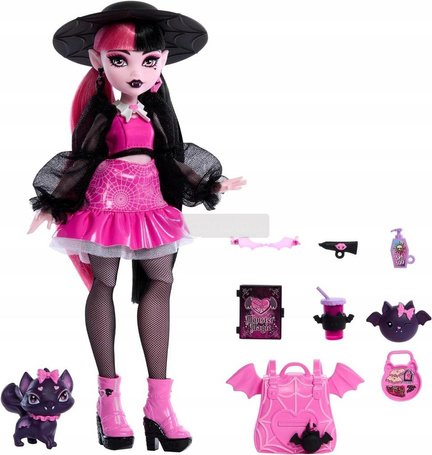 LALKA MONSTER HIGH DRACULAURA + akcesoria + zwierzątko Hrabia Nietoperz HRP64