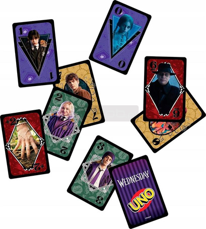 GRA KARTY UNO WEDNESDAY oryginalne kultowe karty Uno z bohaterami serialu JHB18