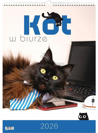 Kalendarz 2026 wieloplanszowy kot w biurze
