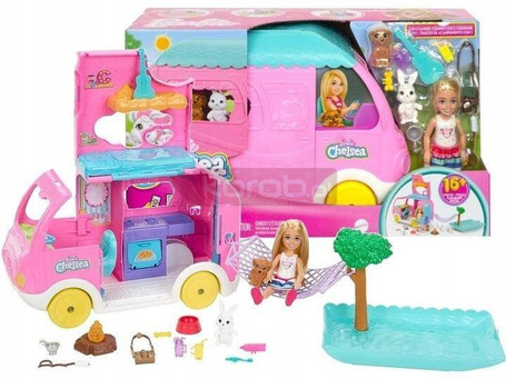 LALKA BARBIE CHELSEA WAKACYJNY KAMPER + piesek króliczek akcesoria HNH90