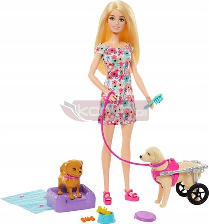 LALKA BARBIE zestaw LALKA Z PIESKAMI ze szczeniaczkiem i pieskiem na wózku HTK37