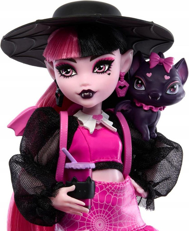 LALKA MONSTER HIGH DRACULAURA + akcesoria + zwierzątko Hrabia Nietoperz HRP64