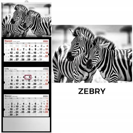Kalendarz 2026 trójdzielny zebry