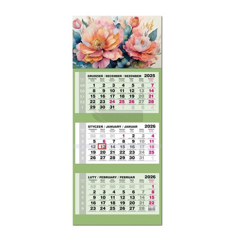 Kalendarz 2026 trójdzielny LUX gł. wypukła Kwiaty