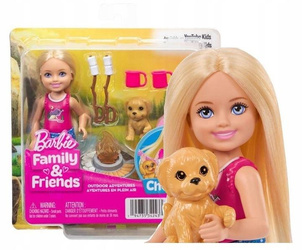 LALKA BARBIE CHELSEA Biwakowa przygoda, zestaw z pieskiem + akcesoria JJV61