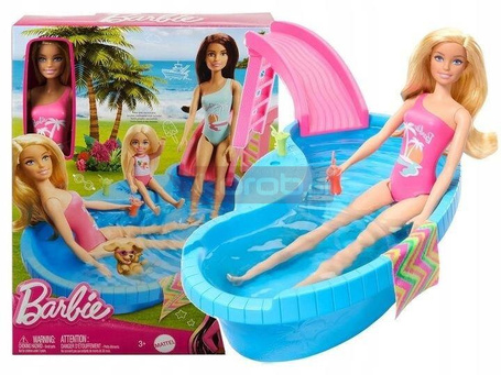 LALKA BARBIE BASEN zestaw basen ze zjeżdżalnią + lalką Barbie w kostiumie HRJ74