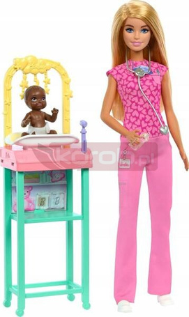 LALKA BARBIE LEKARZ PEDIATRA lalka Barbie doktor, lalka bobasek + akcesoria JCR72