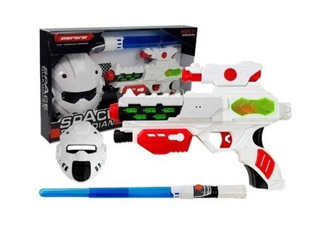 Pistolet laserowy z maską i mieczem świetlnym