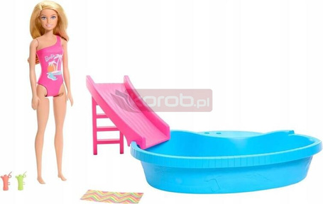 LALKA BARBIE BASEN zestaw basen ze zjeżdżalnią + lalką Barbie w kostiumie HRJ74