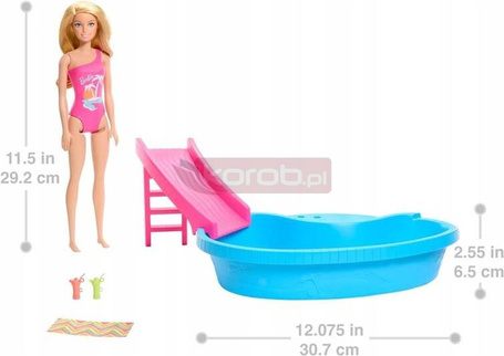 LALKA BARBIE BASEN zestaw basen ze zjeżdżalnią + lalką Barbie w kostiumie HRJ74