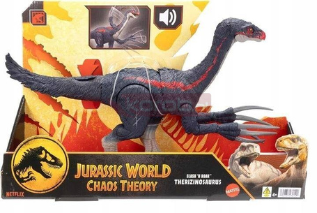 JURASSIC WORLD DINOZAUR atakujący THERIZINOSAURUS z dźwiękiem, szponami JCG16