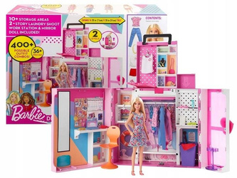 BARBIE SZAFA NA UBRANKA GARDEROBA + LALKA + ubranka dla lalki HGX57