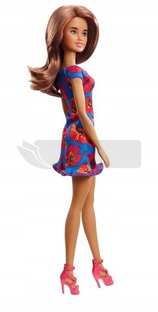 Lalka Barbie w niebieskiej sukience w czerwone kwiaty