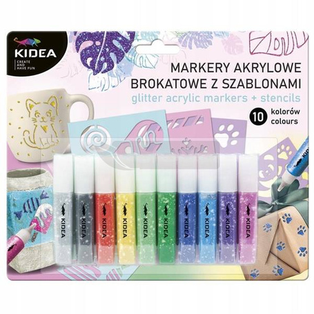 Markery akrylowe brokatowe 10 kolorów KIDEA