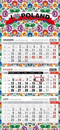 Kalendarz 2026 trójdzielny płaska główka folk