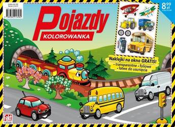 Pojazdy. Kolorowanka z naklejkami na okno