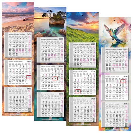 Kalendarz 2026 trójdzielny wąski płaski mix