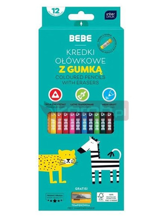 Kredki ołówkowe z gumką 12 kolorów BEBE Kids
