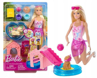 LALKA BARBIE PIESKI NA BASENIE zestaw z lalką Barbie i pieskami JBF35