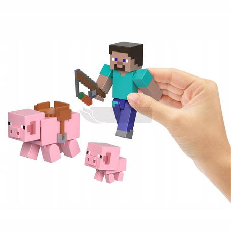 MINECRAFT FIGURKA STEVE pikselowa figurka, ŚWINIE + akcesoria HTL88
