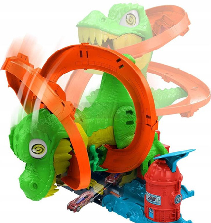 HOT WHEELS CITY ZESTAW TORÓW ZAKRĘCONY TOR REMIZA T-REXA + autko, zestaw +4 JBM73