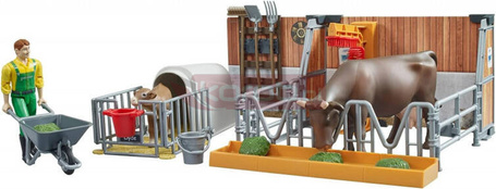 Zestaw figurek Obora z figurką krowy, cielaka, rolnika