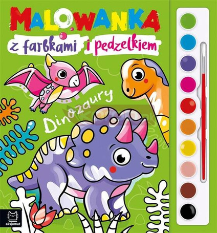 Malowanka z farbkami i pędzelkiem. Dinozaury