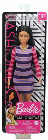 Lalka Barbie Fashionistas Fioletowa sukienka w paski GYB02