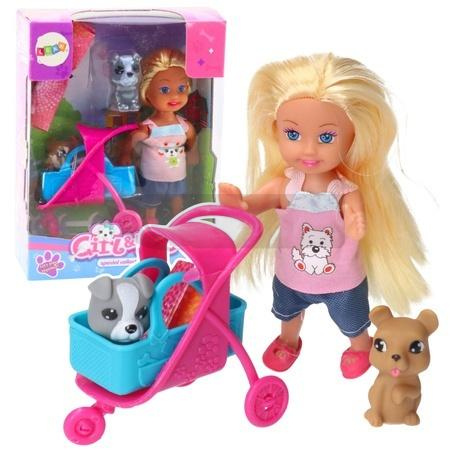 Zestaw mini laleczka wózek + piesek