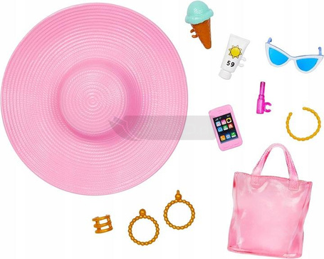 LALKA BARBIE DZIEŃ NA PLAŻY w kapeluszu + akcesoria plażowe HPL73