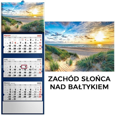 Kalendarz 2026 trójdzielny zachód słońca